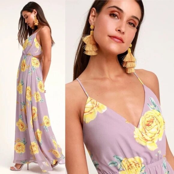 Lulus Kind & Loving Lavender Lined Chiffon  Floral Almost Backless Maxi SzM - Picture 5 of 9